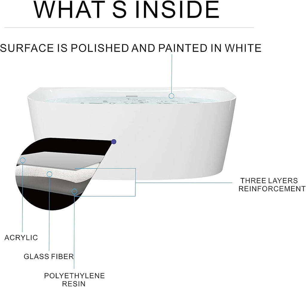 HEATGENE 63 Inches Acrylic Freestanding Bathtub Modern Bathtub Contemporary Soaking Tub Easy to Install UPC Certified Drain & Overflow Assembly Included