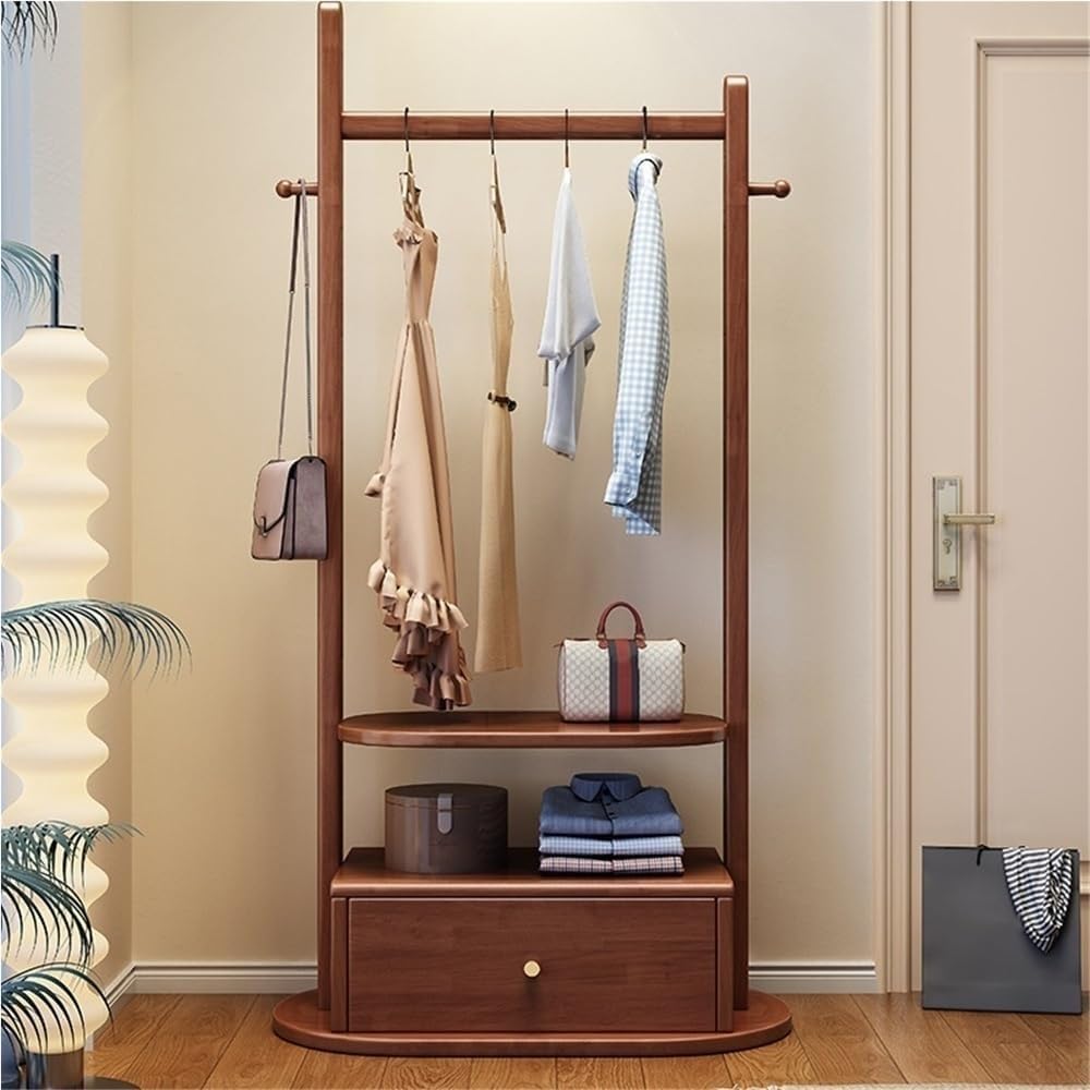 Wood Garment Rack Freestanding Clothes Rack with Shelves & Drawer Floor-Standing Clothing Storage Coat Rack Organizer Solid Construction(Natural,60cm)