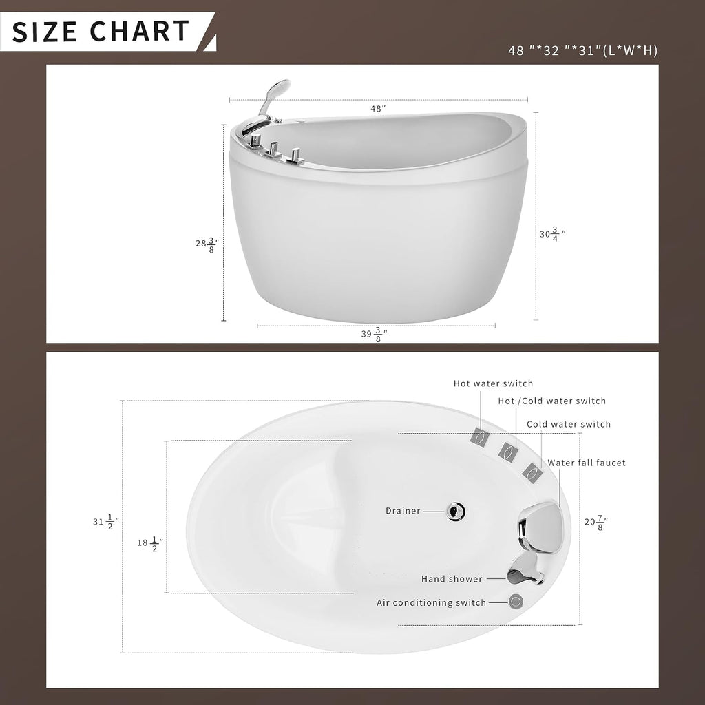 Empava Air Jetted Massage Bath Tub 48 in. Freestanding Bathtub Air Mirco Bubble Hydrotherapy Oval Japanese SPA Tub