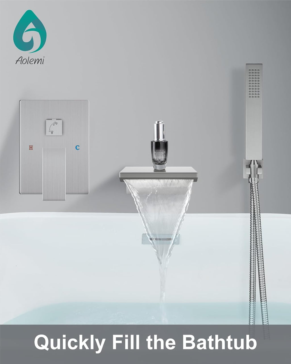 Aolemi Wall Mount Bathtub Faucet,Tub Faucet Set Waterfall Wall Mounted Tub Filler with Handheld Sprayer Single Handle,Brushed Nickel