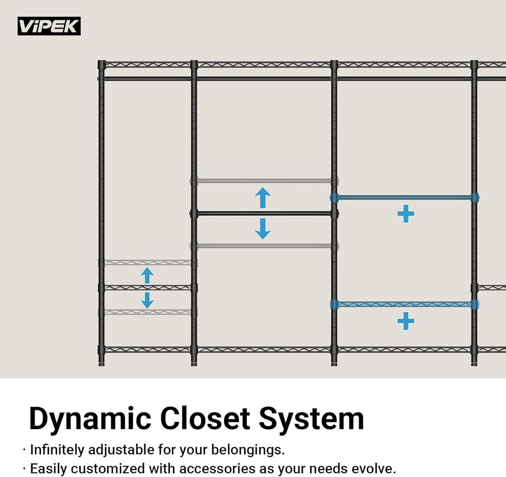 VIPEK S3 Heavy Duty Garment Rack Freestanding Clothes Rack Closet Storage Organizer Large Wardrobe with 8-Tier Shoe Rack, Hanging Rod, Adjustable Shelf, 68.9' L x 15.7' W x 76.4' H, Black