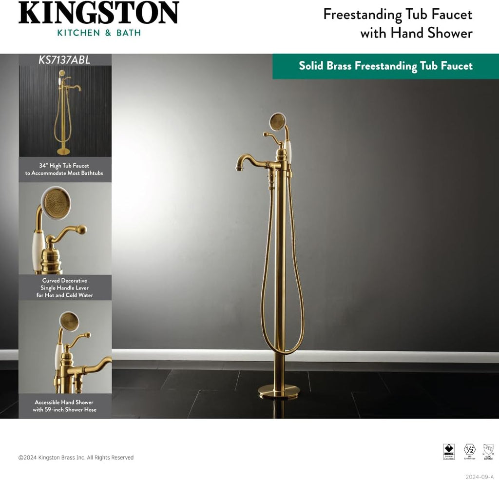 Kingston Brass KS7137ABL Freestanding Roman Tub Filler With Hand Shower, Brushed Brass