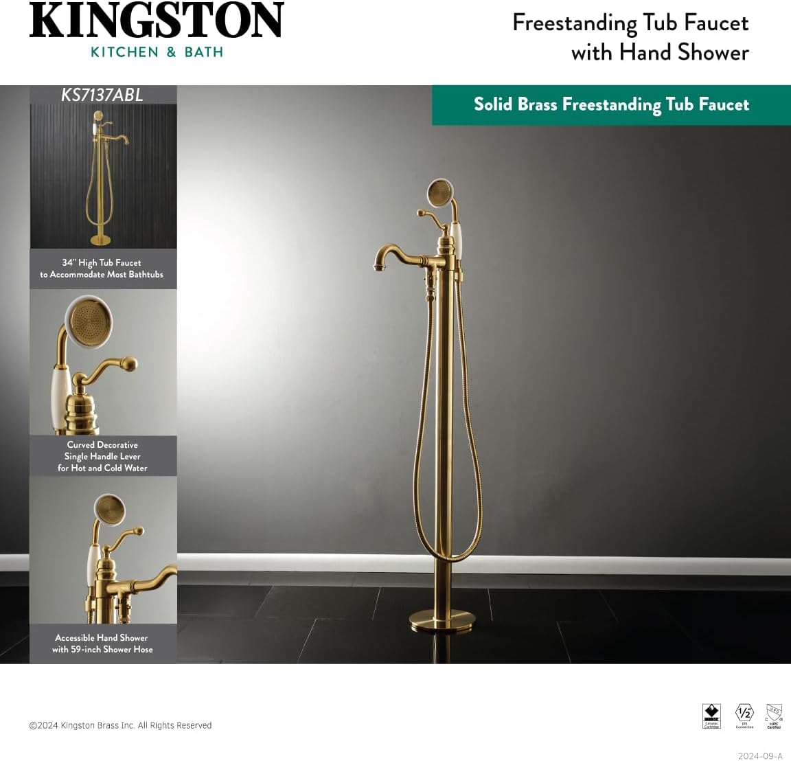 Kingston Brass KS7130ABL English Country Freestanding Tub Faucet with Hand Shower, Matte Black