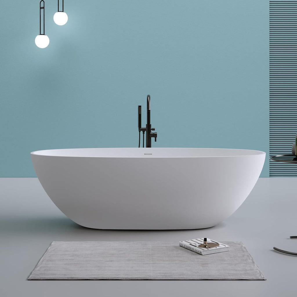 59' Stone Resin Freestanding Bathtub, Oval Shape Solid Surface Bathroom Freestanding Tubs, Stand Alone Soaking Tubs with Integrated Slotted Overflow and Drain, Matte White