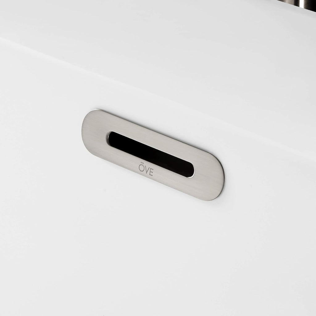 OVE Decors Ayago 59 in. Solid Surface Freestanding White Acrylic Soaking Bathtub, with Overflow and Satin Nickel Pop-up Drain