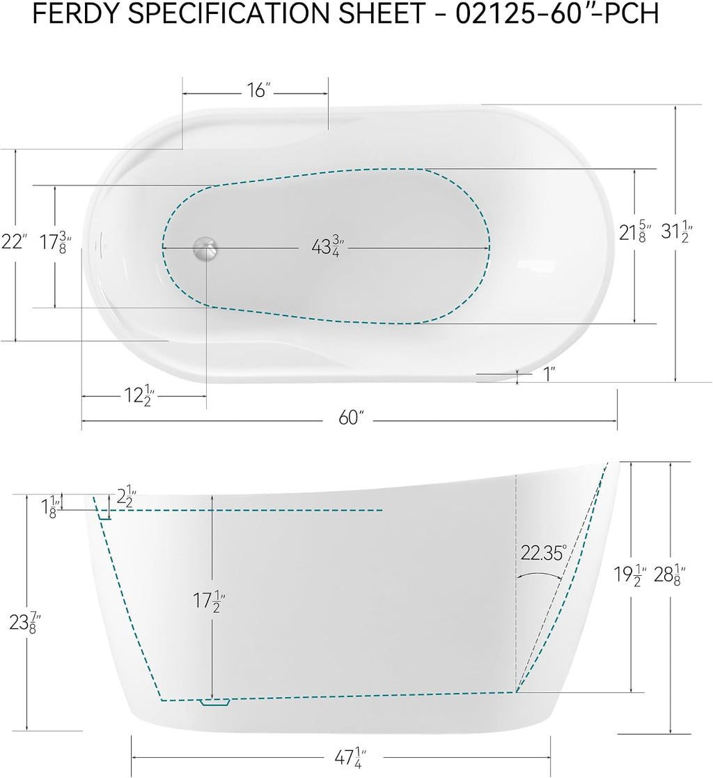 FerdY Lana'i 60' Freestanding Bathtub, Gracefully Shaped Freestanding Soaking tub, Glossy White, cUPC Certified, Polised Chrome Drain Assembly Included