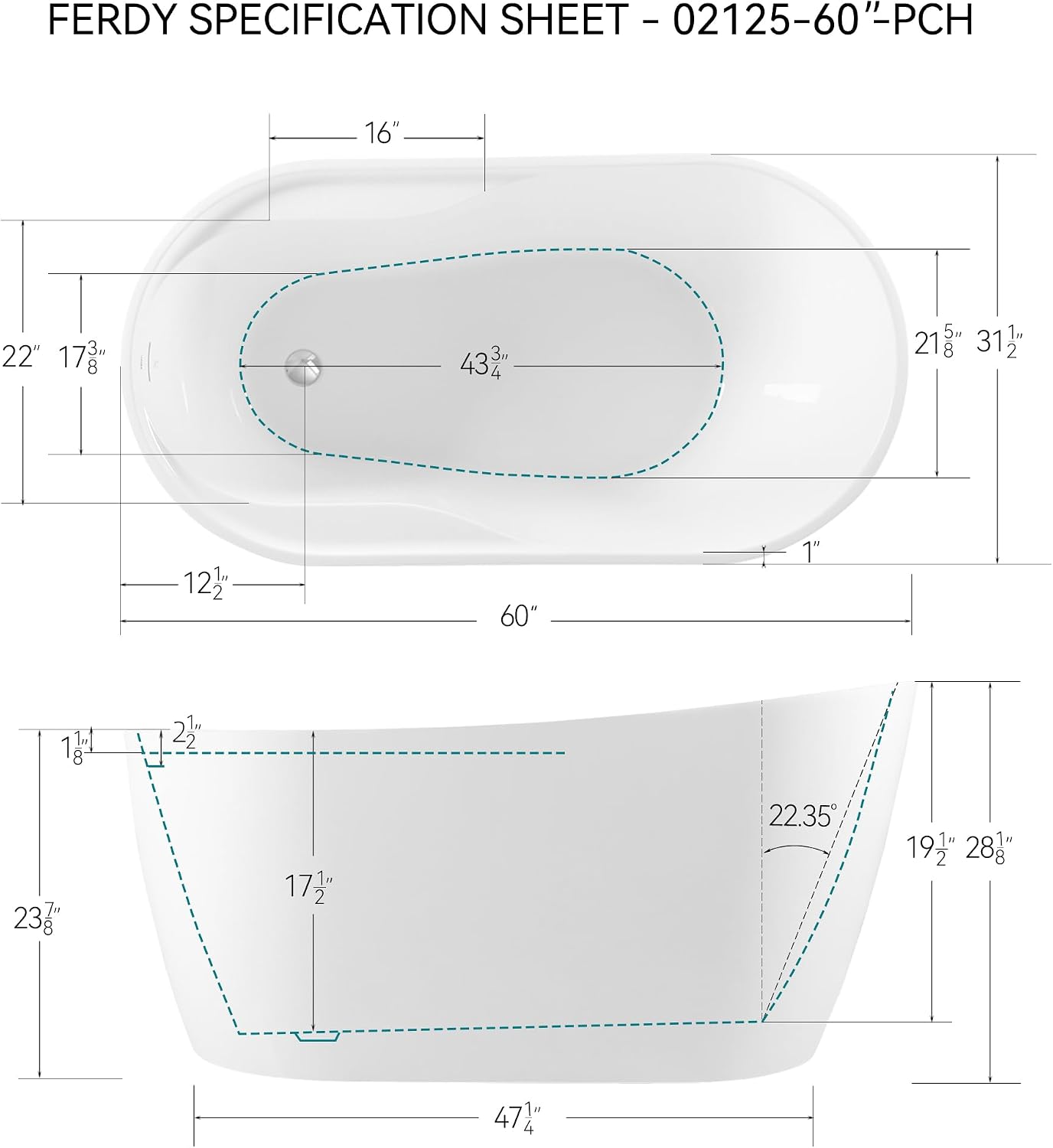 FerdY Lana'i 60' Freestanding Bathtub, Gracefully Shaped Freestanding Soaking tub, Glossy White, cUPC Certified, Polised Chrome Drain Assembly Included