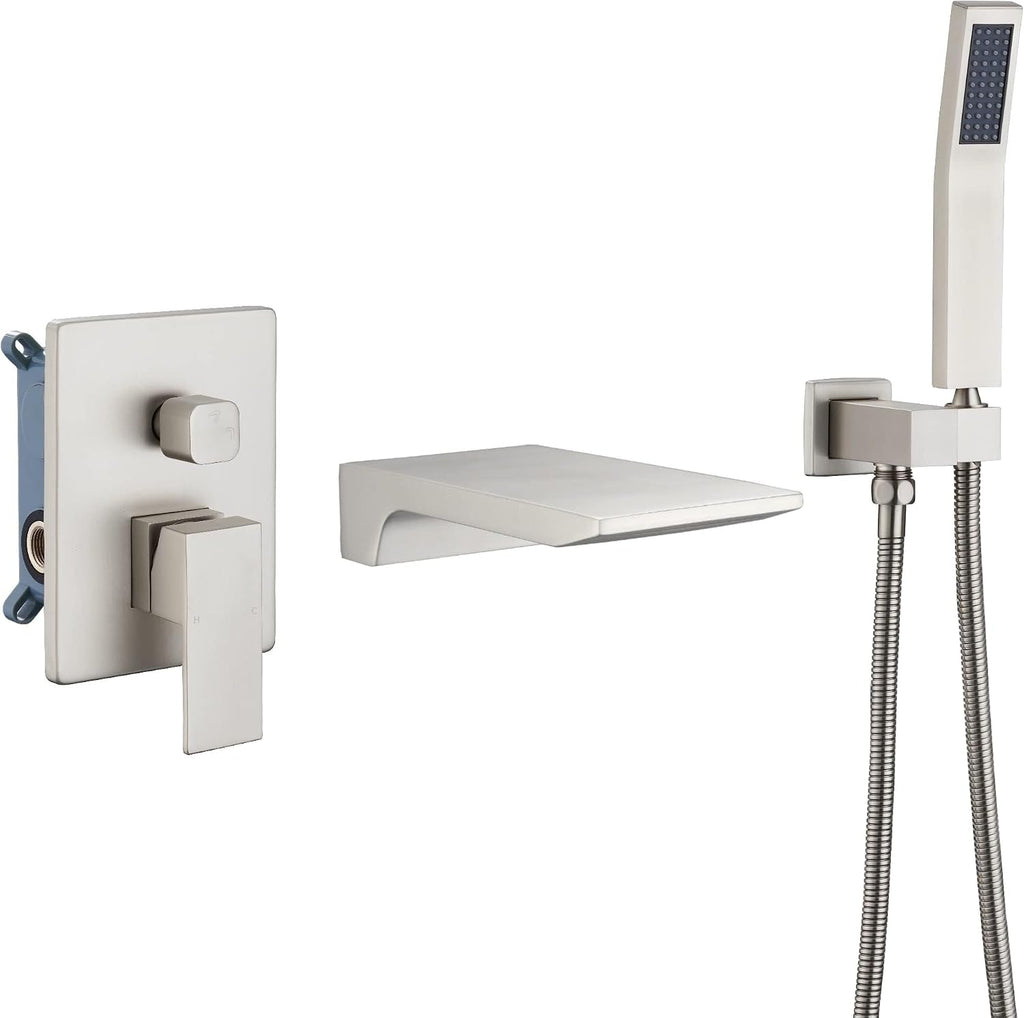 DASAN Waterfall Tub Filler Faucet Wall Mount with Hand Shower, Modern Wall Mounted Bathtub Faucet Brushed Nickel Tub Faucet with High Flow Rough in Valve, SA-TF01WH-BN