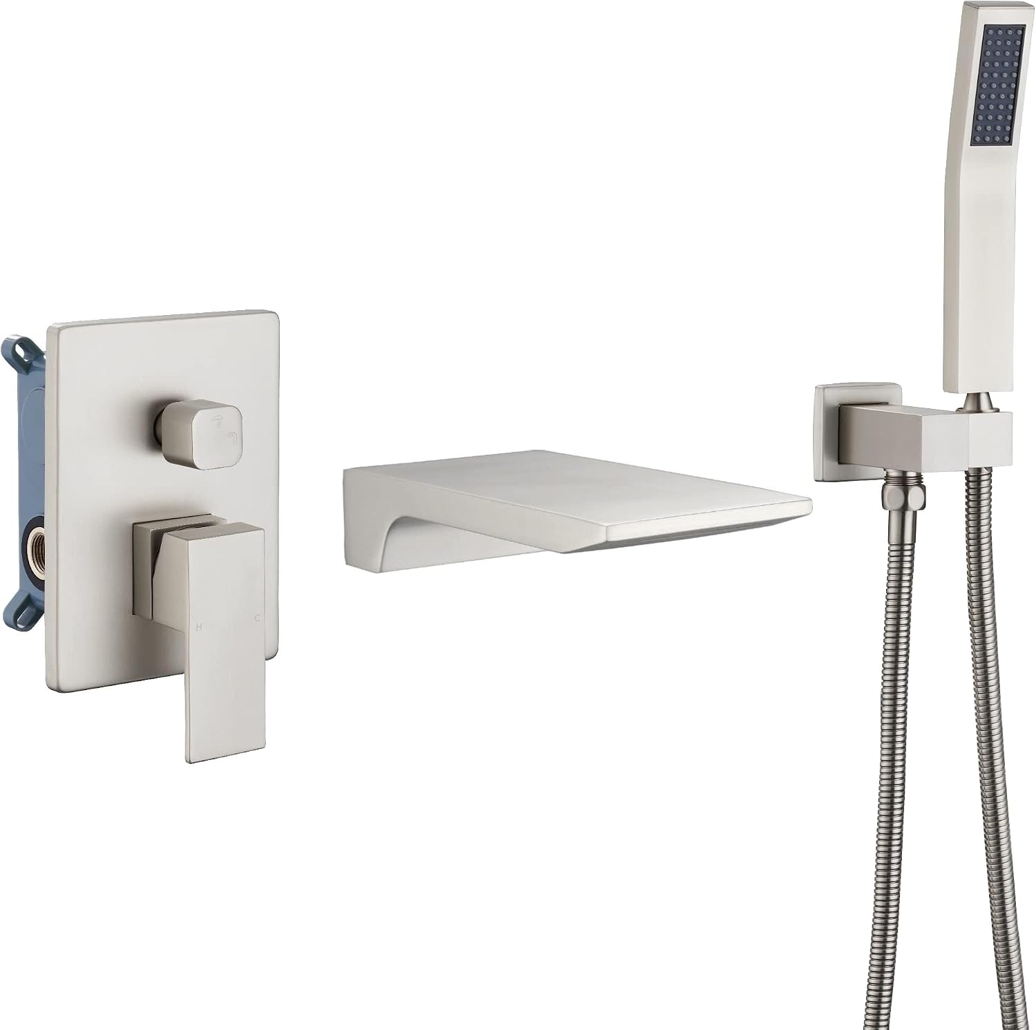 DASAN Waterfall Tub Filler Faucet Wall Mount with Hand Shower, Modern Wall Mounted Bathtub Faucet Brushed Nickel Tub Faucet with High Flow Rough in Valve, SA-TF01WH-BN