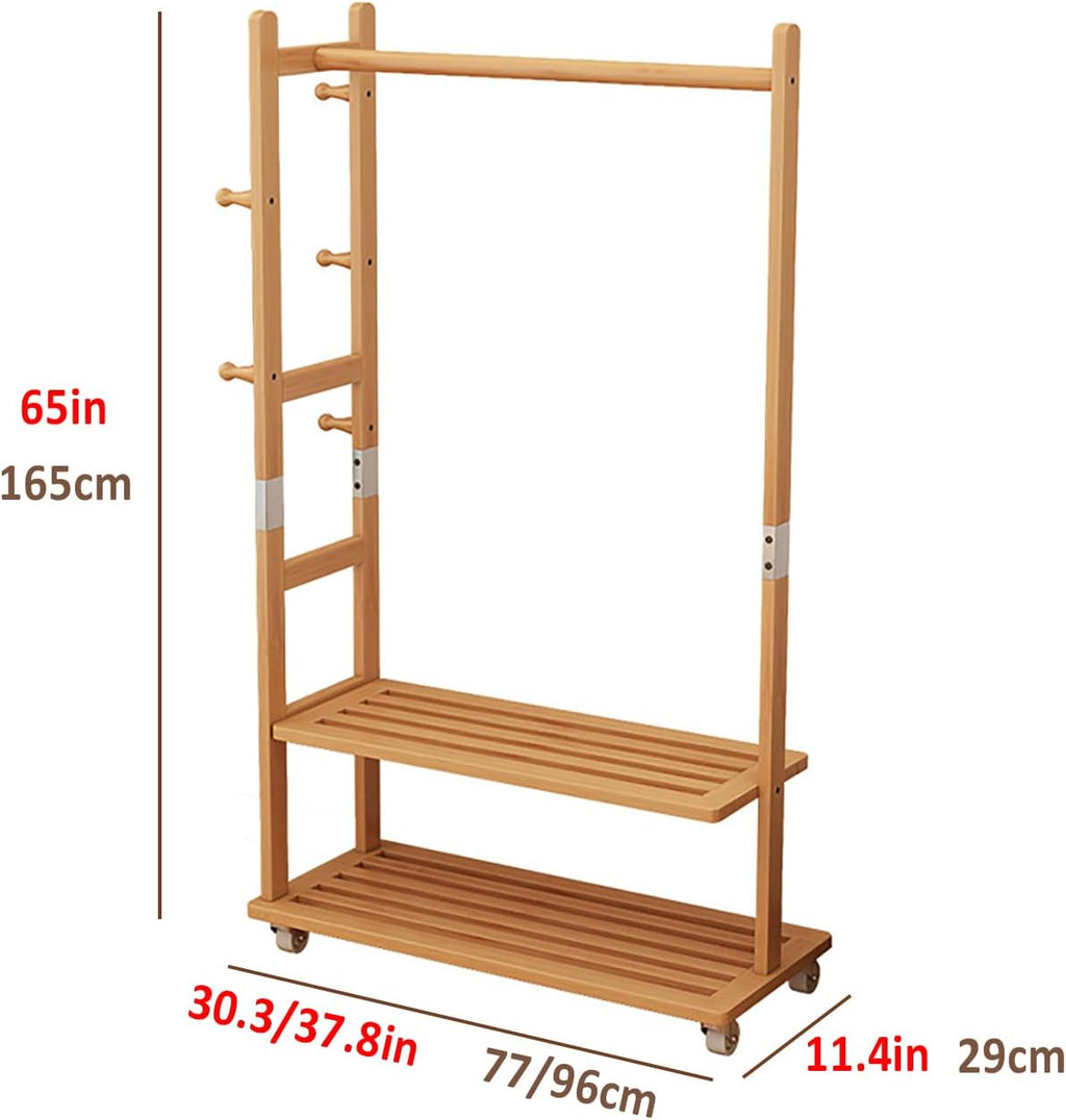 Solid Wood Clothing Rack, Heavy Duty Clothes Racks with Wheels, Rolling Garment Rack with 2 Shelves Storage, for Hallway Bedroom Living Room Entryway (Natural wood color, Small)