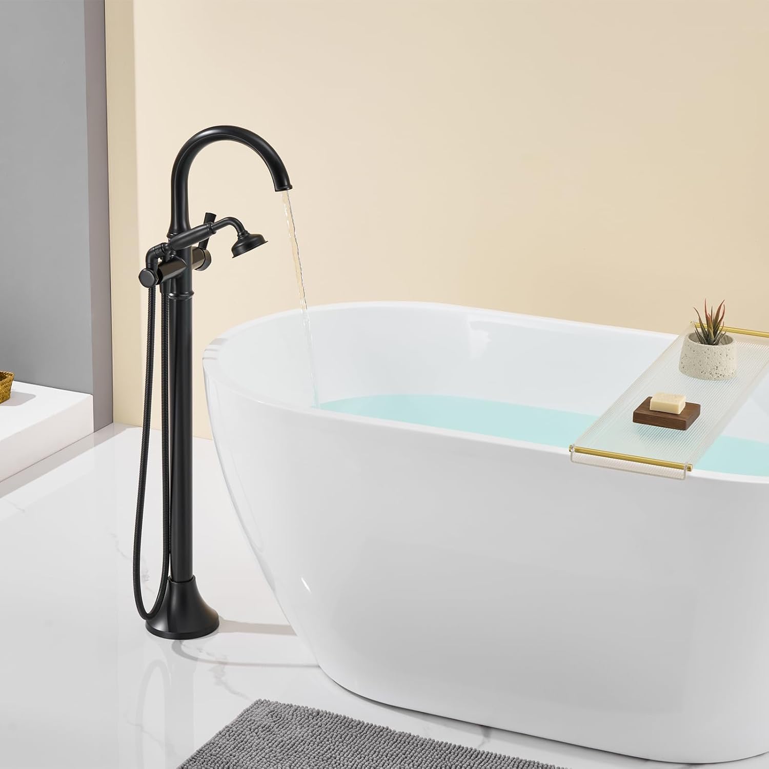 Wowkk Freestanding Bathtub Faucet Black Free Standing Tub Filler Brass Bathtub Faucets Floor Mounted Bathroom Tub Faucet with Hand Shower