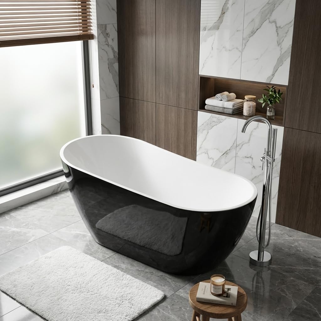 Acrylic Freestanding Bathtub, 67 Inch Deep Soaking Tub, One End Raised, White Interior Black Exterior, Chrome Pop-Up Drain, Overflow, Modern Acrylic Stand Alone Tub for Home, Bathroom