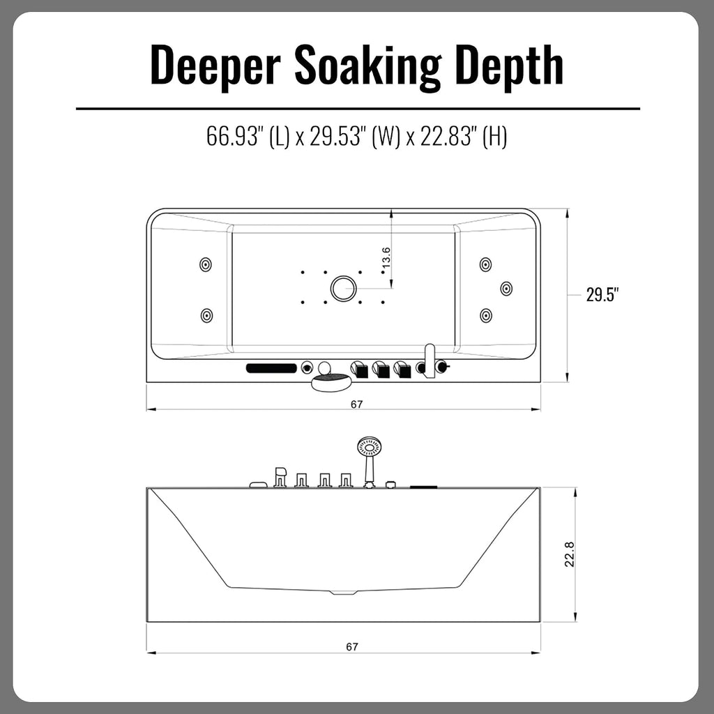 67' Whirlpool Freestanding Soaking Acrylic Jetted Rectangular Bathtub with Waterfall SPA Hydro Massage & Chromatherapy, LED Control Panel with Light, UL Certified