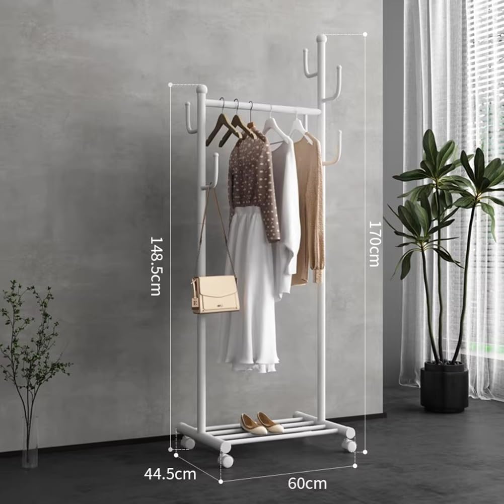Rygcrud Coat Rack Freestanding, Garment Rack with 7 Hooks, Rolling Clothes Hanging Stand with Shelve for Guest Room Organizer(White,23.6in)