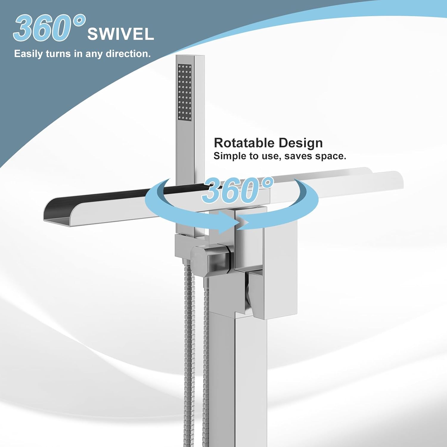HAWKROWN Freestanding Bathtub Faucet, Floor Mount Bathtub Faucet with 2 Water Outlet Modes, Swivel Gooseneck Spout with Hand Shower,Single Handle, Max Flow Rate 7.4 GPM (Waterfall-Brushed Nickel)