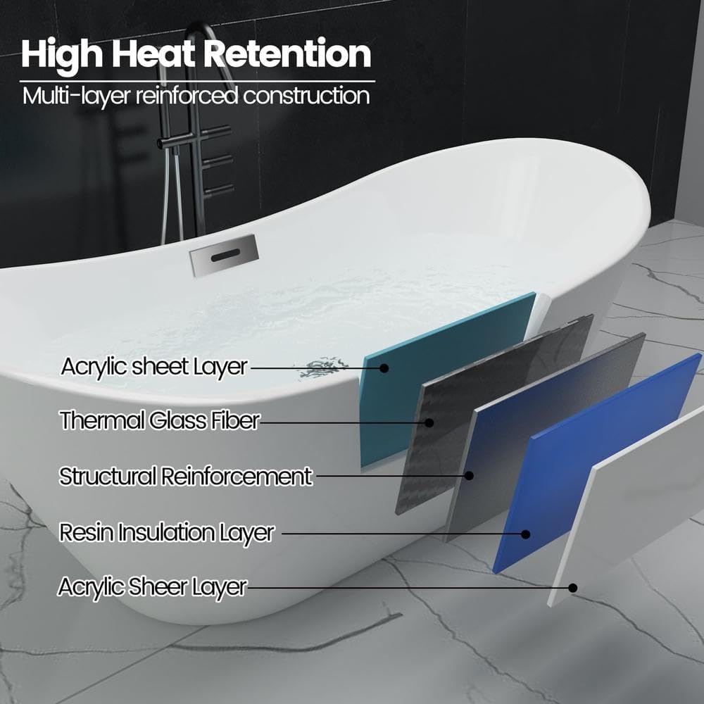 Luxurious 67' White Acrylic Freestanding Bathtub with Chrome Drain, cUPC Certified, 1000 lbs Capacity, Stain & Scratch Resistant, Easy Installation, Perfect for Relaxing Soaks