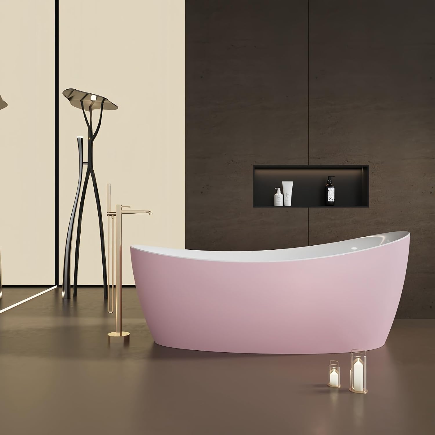 60' Edeyeu Oval Freestanding Bathtub - Extra Deep Acrylic Soaking Tub, Free Standing Bathtub Solid Surface, Modern Soaker Tub for Bathroom Spa, with Drain Pink B