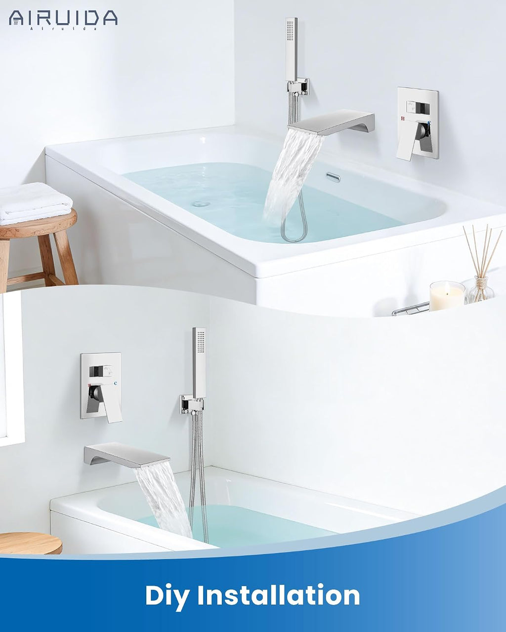 Airuida Wall Mount Tub Faucet with Waterfall Tub Spout Wall Mounted Bathtub Faucet with Handheld Shower Single Handle Tub Filler Shower Faucet Set with Rough-in valve Straight Spout Chrome Polish