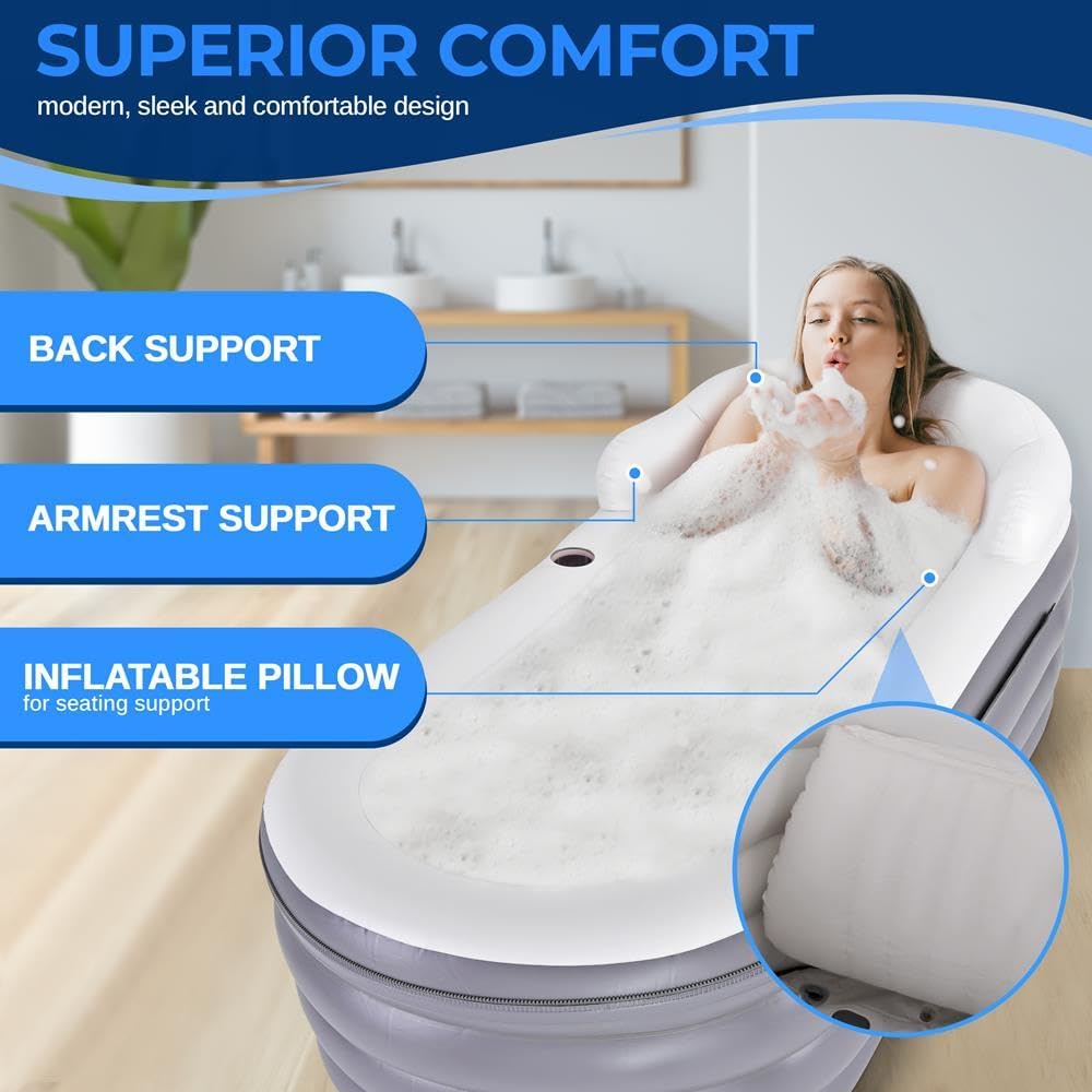 SereneLife Inflatable Bathtub with Bubble Massage Mat, Non-Slip, Backrest Support, Includes Pillow, Cup Holder, Remote Control, Easy Storage, PVC Material, Supporting Up To 345 lbs., ‎66'x30'x26'