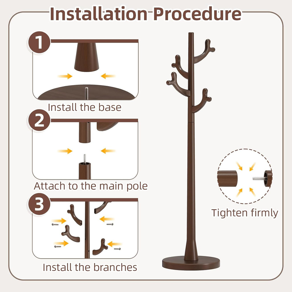 CozyDH Premium Solid Wood Freestanding Coat Rack, 4 Hooks Creative Tree Branch Look, Sturdy Standing Coat Tree for Entryway Bedroom Hallway Home Decor
