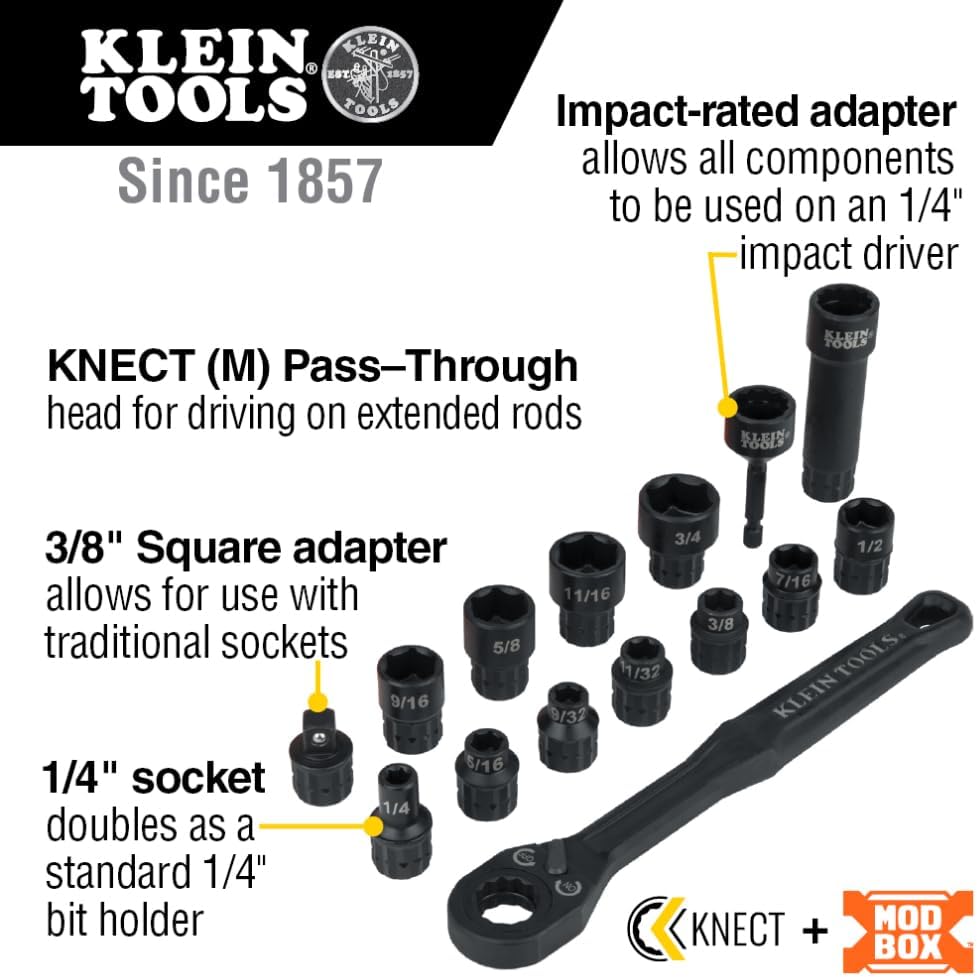 Klein Tools 15-Piece 3/8-Inch Impact Socket Set with Pass Through Head and 64-Piece Micro-Ratchet Precision Driver Set with Magnetic Bits and Nut Drivers