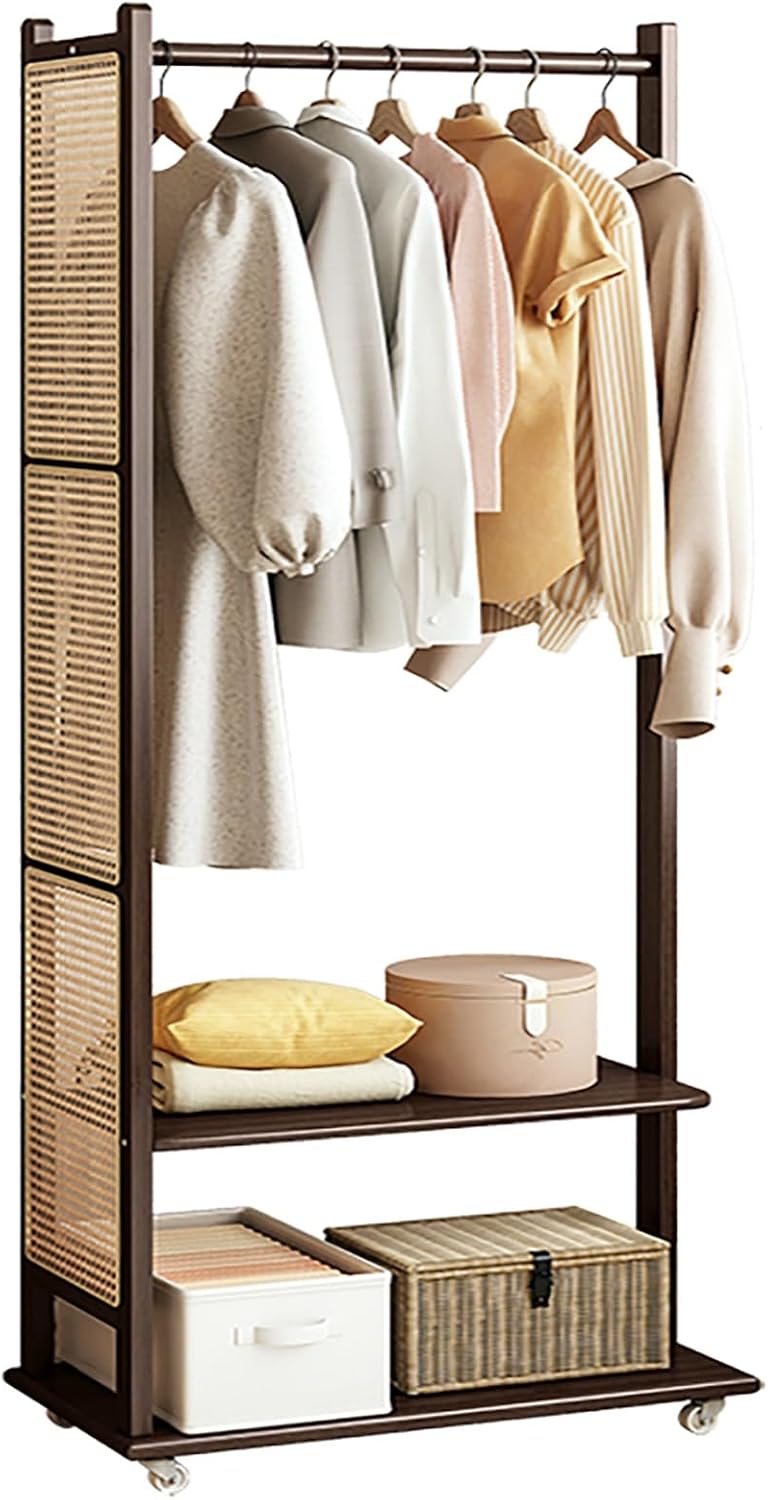 Heavy Duty Clothes Rack With 2 Shelves,solid Wood Garment Racks With Wheels,Clothing Rack For Hanging Clothes,Rolling Hanger Racks For Bedroom(Walnut,66cm/26in)