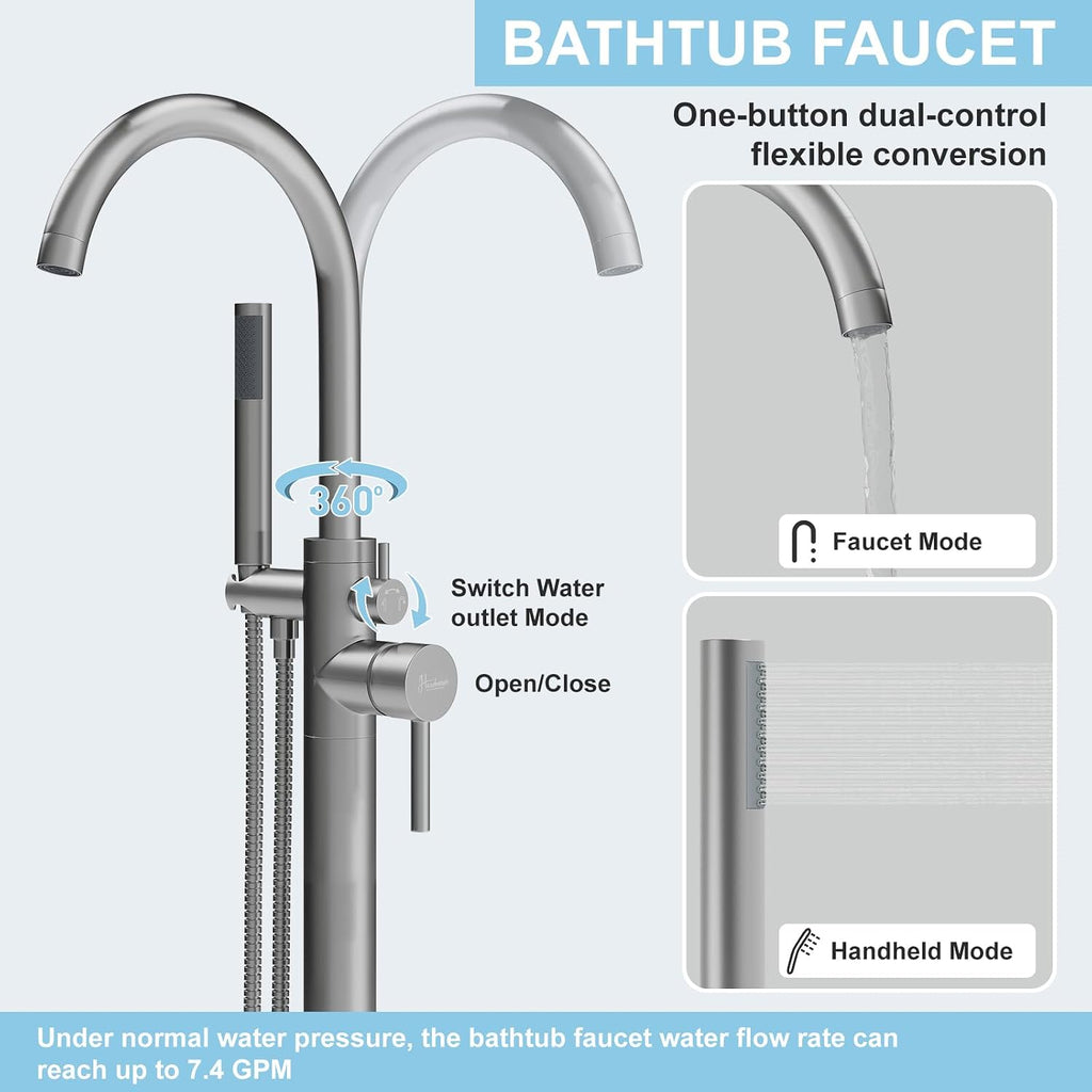 HAWKROWN Freestanding Bathtub Faucet, Floor Mount Bathtub Faucet with 2 Water Outlet Mode, Swivel Gooseneck Spout with Hand Shower, Brass Single Handle Tub filler, Max Flow Rate 7.4 GPM,Brushed Nickel