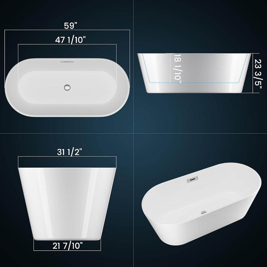 59 Inch Freestanding Bathtub, Acrylic Free Standing Tub 59 Inch – White Finish with Chrome Drain and Overflow, Ergonomic Soaking Design, Ideal Bathroom White 59 Inches Bathtub