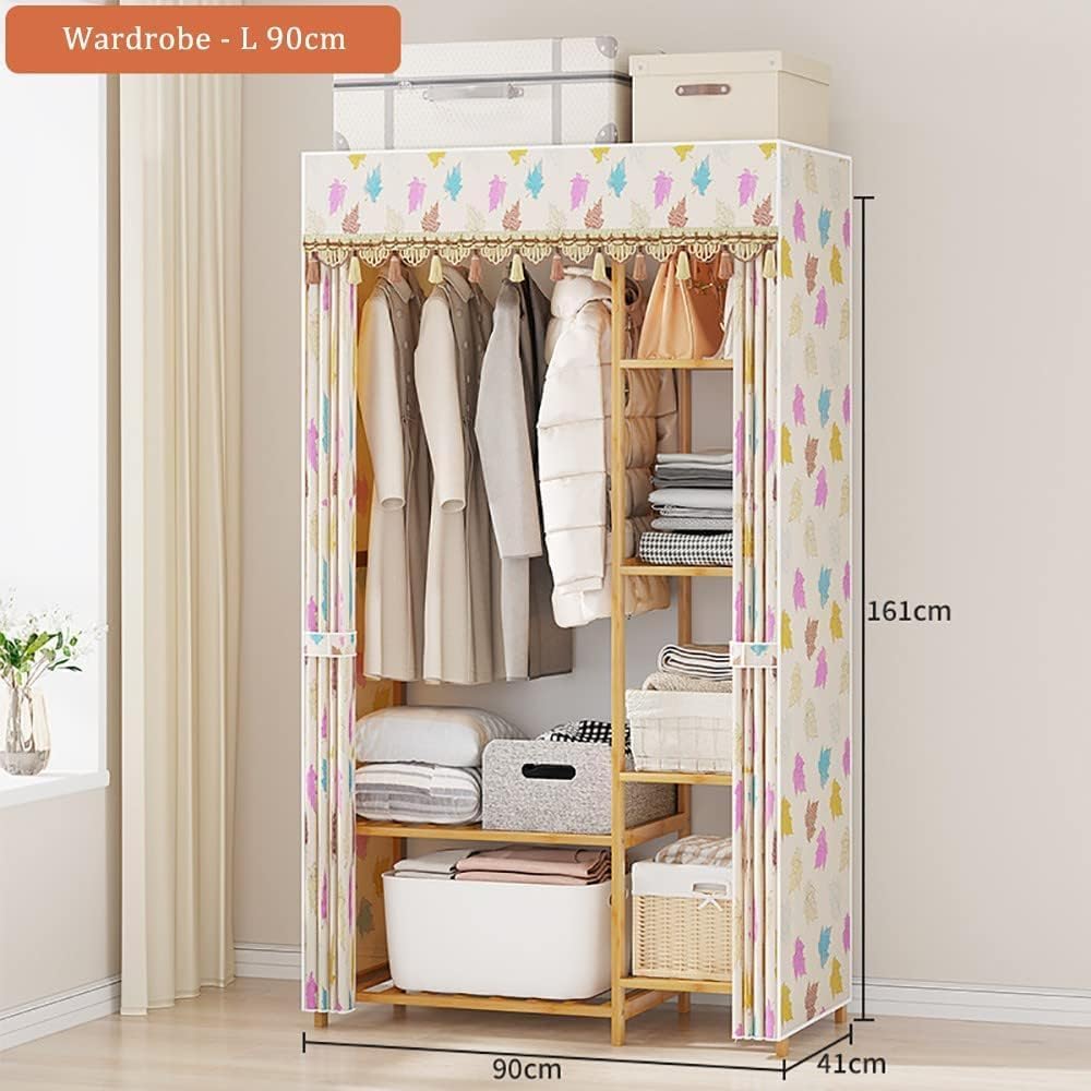 Exquisite Clothes Rail Rack Garment Hanging Rails, Freestanding Bamboo Coat Stand Rack with Double Clothing Rail and 9 Storage Shelf, with Dust Cover, Clothes Cabinet Wardrobe Organiser 150x41x161cm
