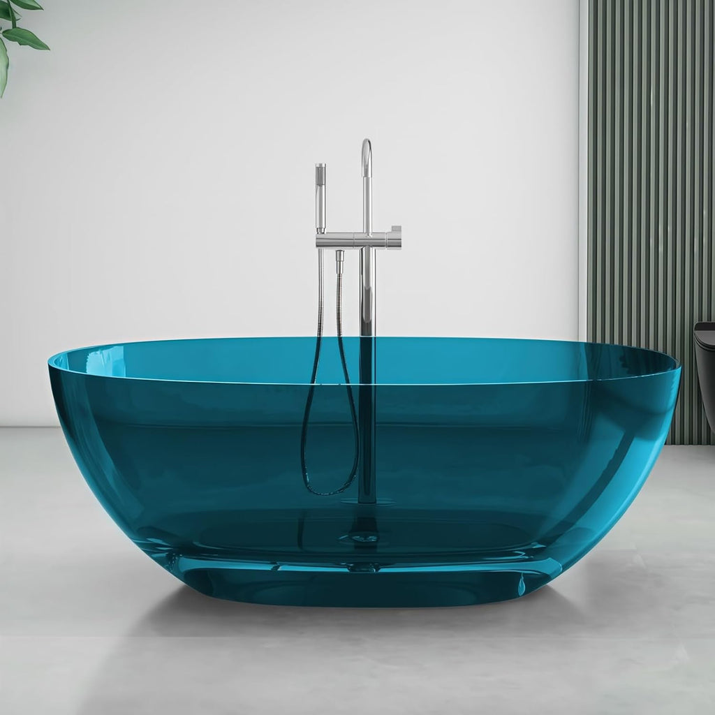 51' Edeyeu Freestanding Bathtub - Luxury Natural Resin Solid Surface Bathtub, Crystal Translucent Extra Deep Soaking Tub, High-End Stand Alone Free Standing Tub For Modern Bathroom Design Blue B