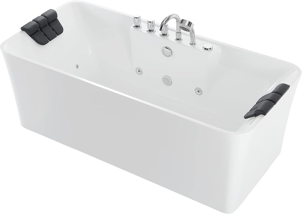 Empava 67 in. Acrylic Freestanding Tub Hydromassage Gracefully Rectangle Shaped Whirlpool 8 Water Jets Soaking SPA, Double-Ended Massage Bathtub with Two Black Pillows
