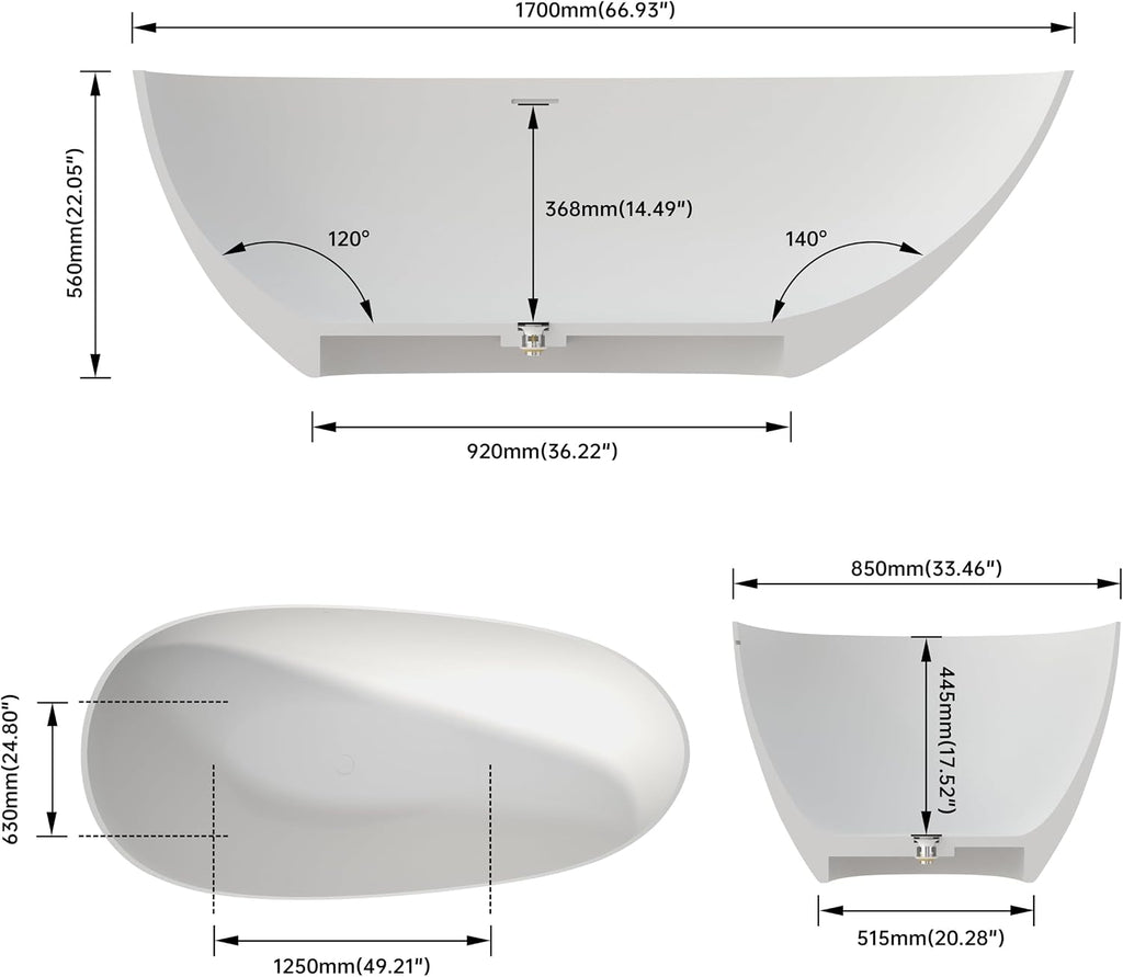 67' Freestanding Tub, Solid Surface Modern Bathtub Matte White | Stone Resin Free Standing Bathtub, Contemporary Soaking Tub with Overflow and Pop-up Drain