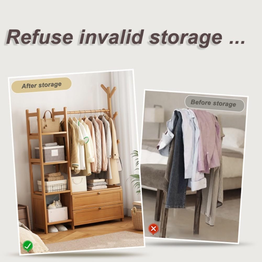 Freestanding Bamboo Clothes Rail - Modern Open Wardrobe with Drawers | Small Free Standing Garment Rack for Bedroom (C 80cm)
