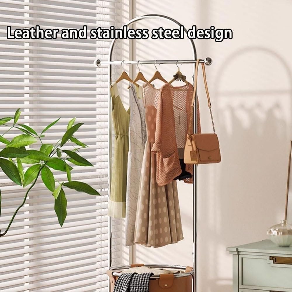 Rolling Steel Garment Rack with Bottom Basket Freestanding Clothes Organizer with Wheels for Entryway & Small Spaces Long-Lasting(White)