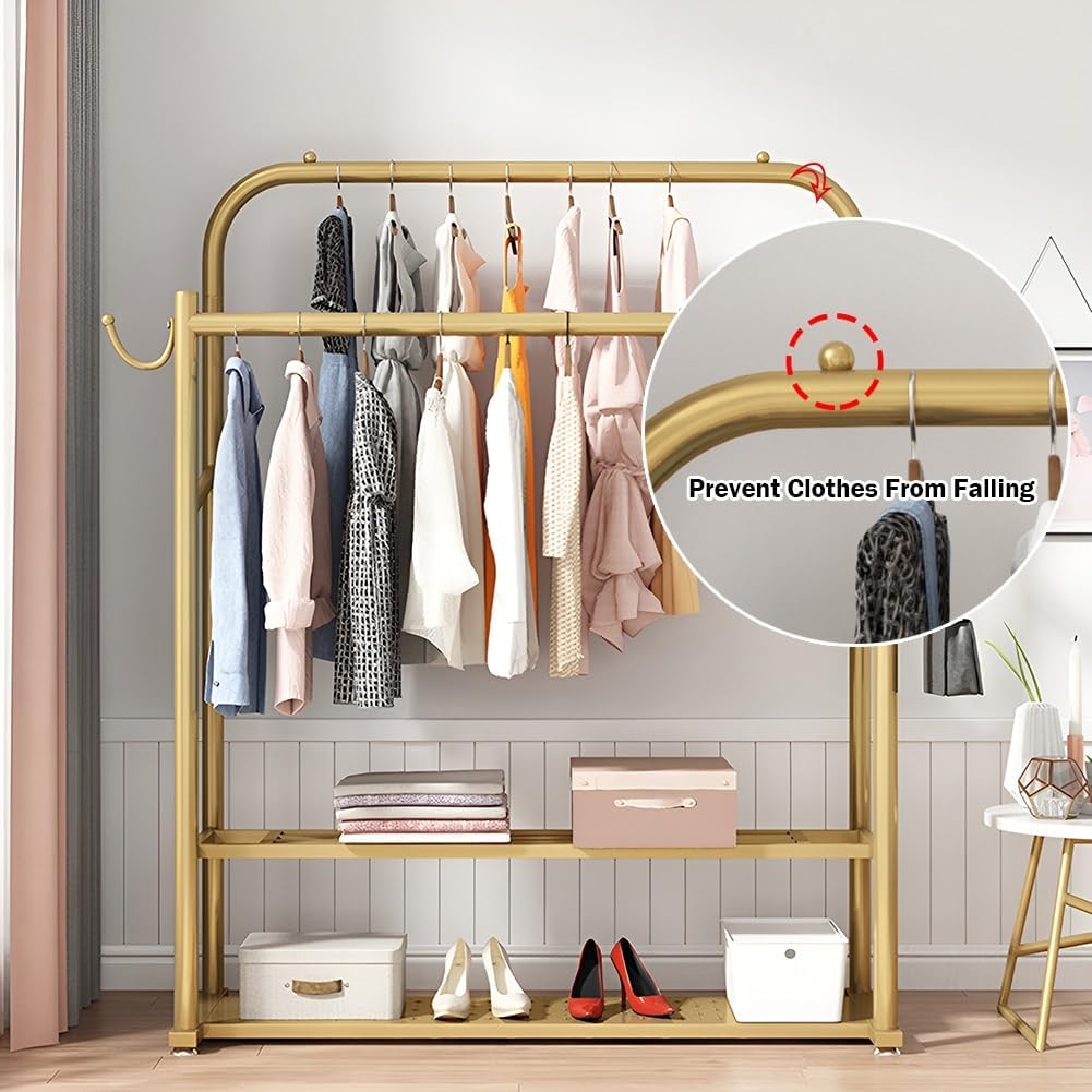 Gold Garment Rack with 2 Rods, Hooks and 2 Storage Shelf Freestanding Clothing Rack for Hanging Clothes(80x40x150cm)