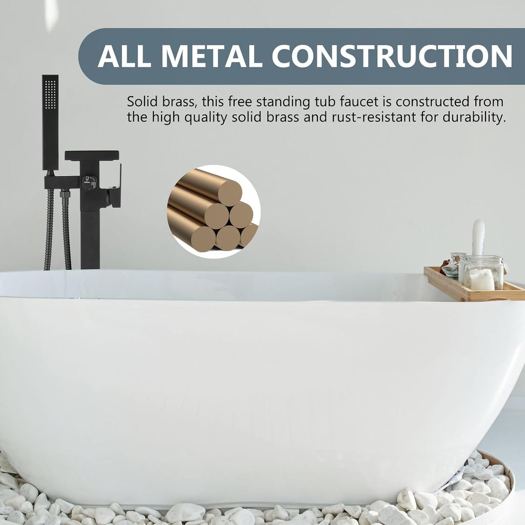 Aolemi Freestanding Bathtub Faucet Floor Mount Tub Filler with Handheld Spray Single Handle Free Standing Bathroom Faucets Swivel Flat Waterfall Spout Matte Black