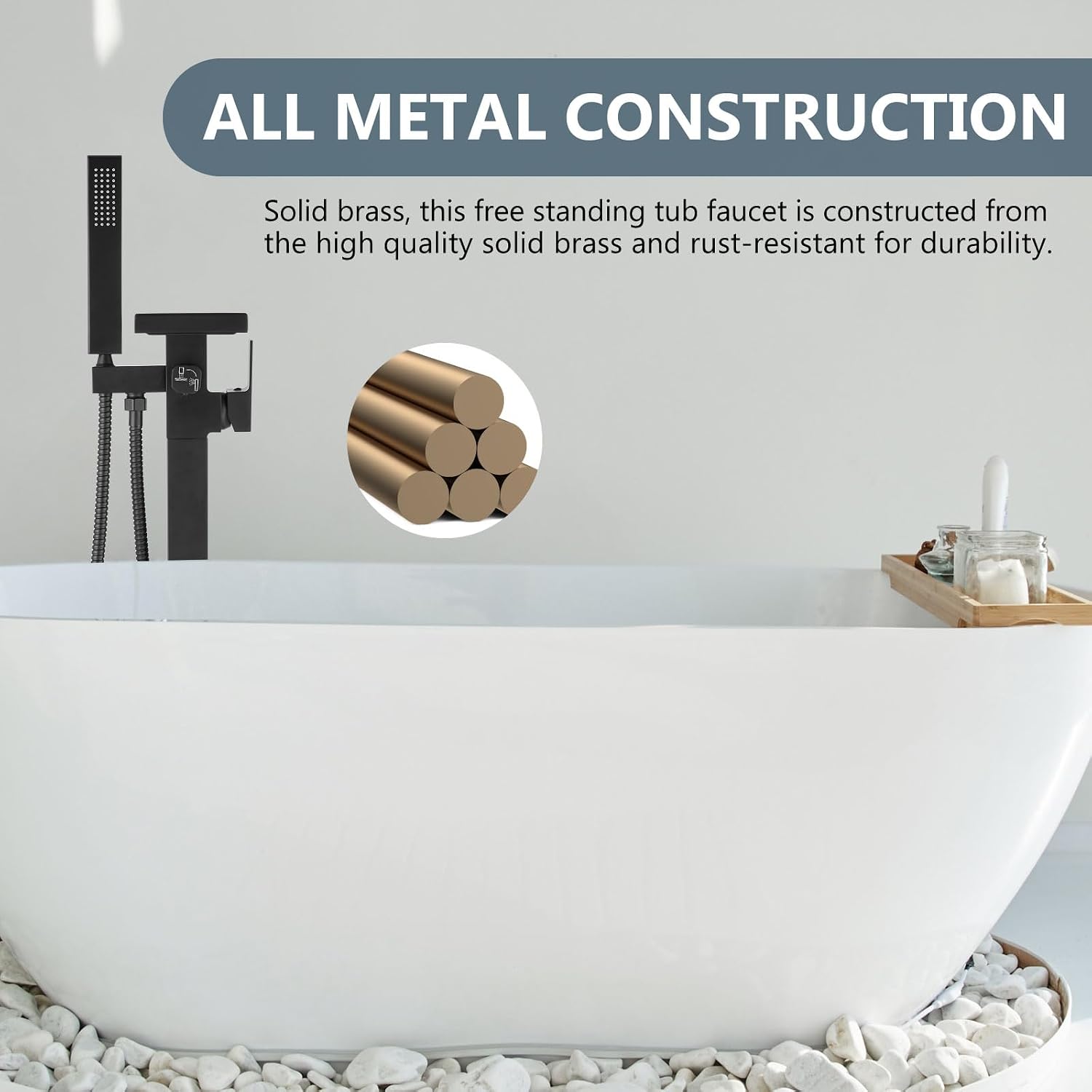 Aolemi Freestanding Bathtub Faucet Floor Mount Tub Filler with Handheld Spray Single Handle Free Standing Bathroom Faucets Swivel Flat Waterfall Spout Matte Black