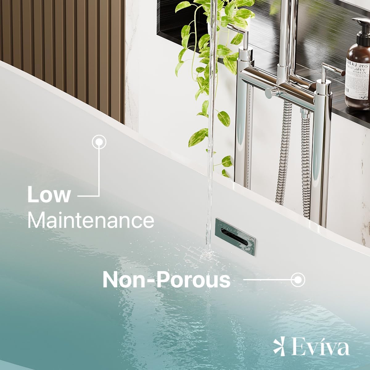 EVIVA Bella 60-Inch Acrylic Bathtub Non-Slip Deep Soaking Bathtub Freestanding Modern Soaker Deep Oval Bath Tub in Glossy White with Chrome Overflow and Middle Drain