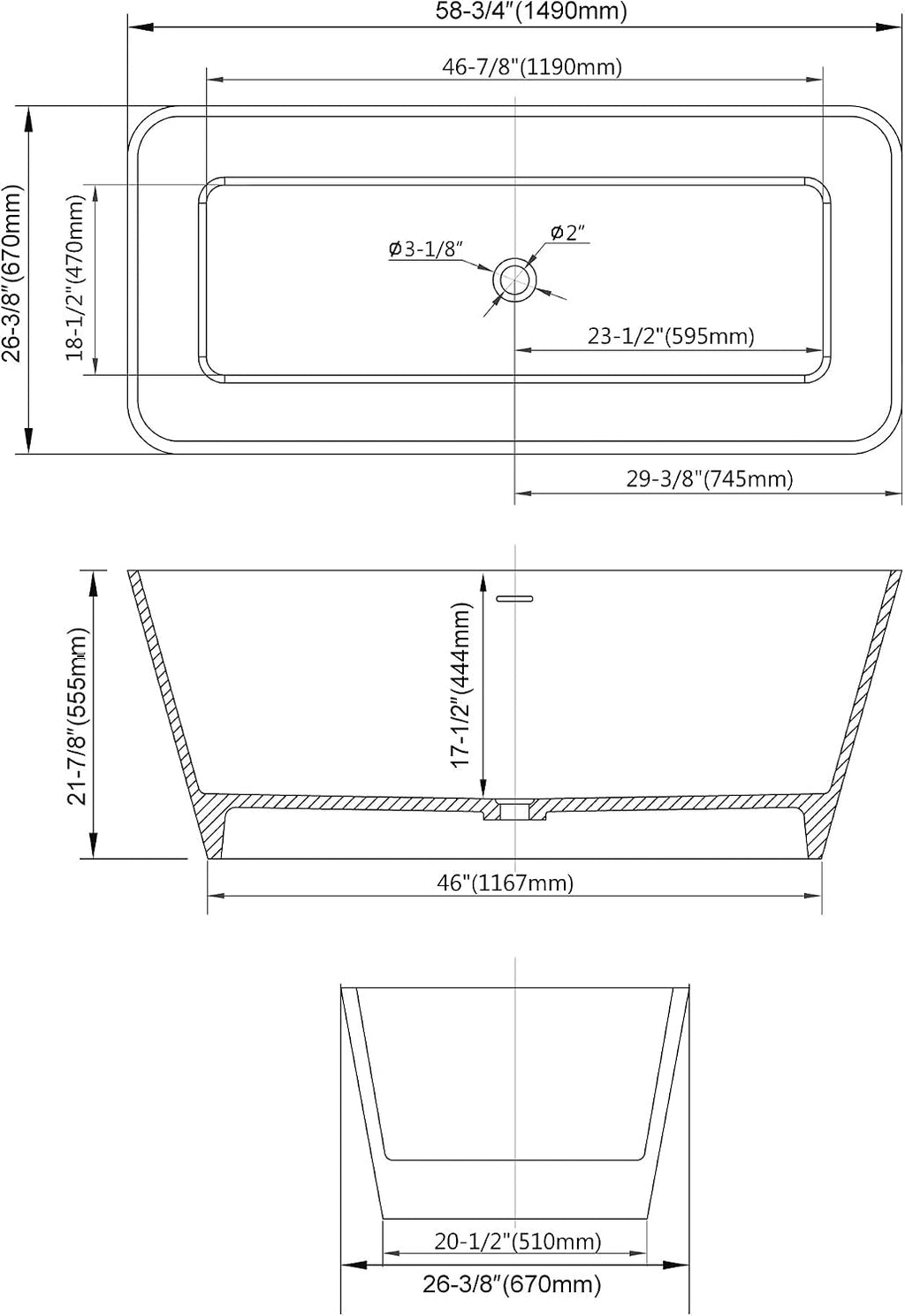 Dowell 60' Luxury Modern Stone Resin Freestanding Bathtub | Matte White Square Shape Solid Surface Soaking Tub with Integrated Slotted Overflow 076 59