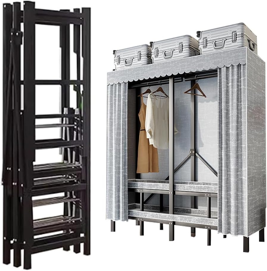 Portable Wardrobe Closet Rack, Heavy Duty Garment Rack with Fabric Cover, Clothing Storage Organizer Rack, Storage Shelves for Cloakroom, Bedroom,85in
