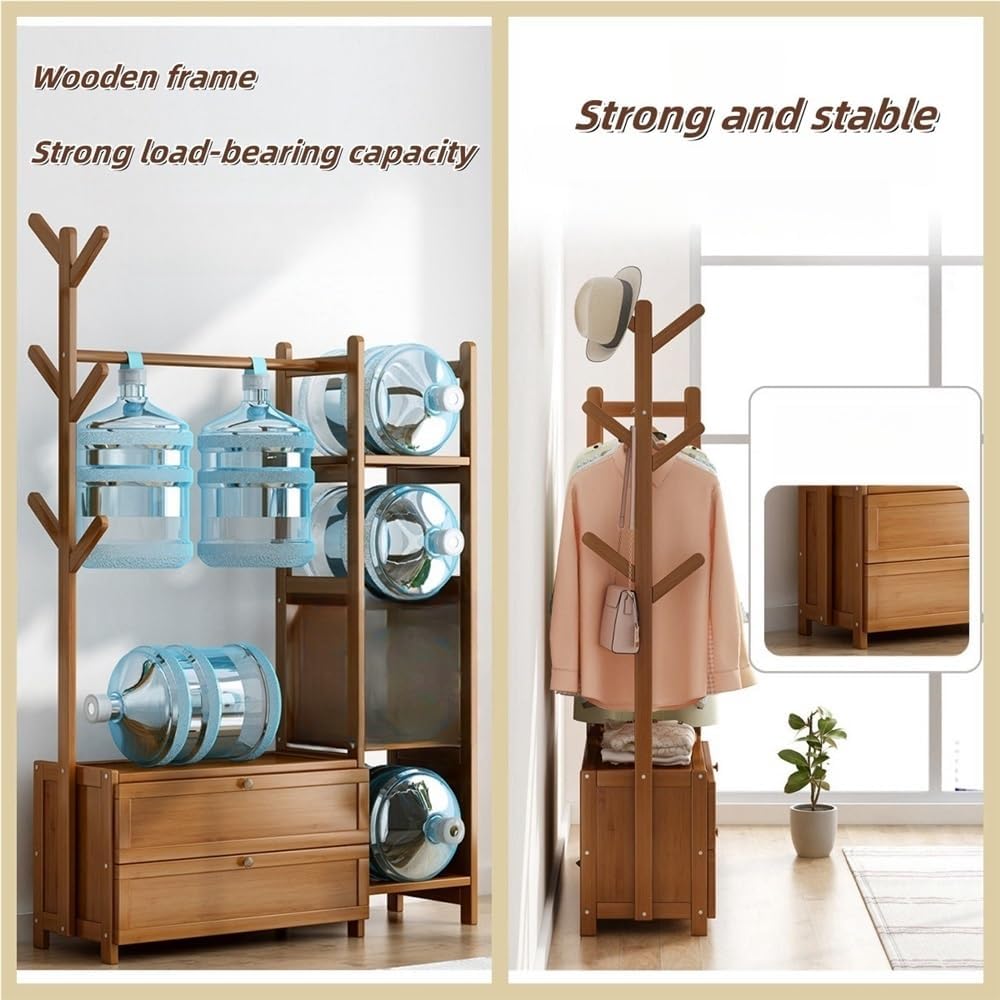 Modern Wooden Clothes Rack with Locker Door & 6 Hooks, Freestanding Garment Rack for Bedroom, Study, Dining Room, Dormitory - Stylish Yellow, 19.7x11.8x65.2in