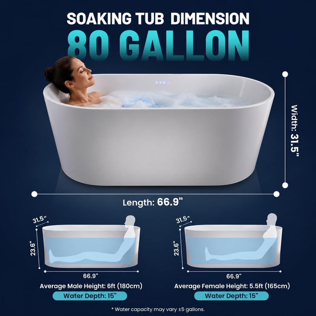 ANZZI Whirlpool Freestanding Bathtub 67 Inch Jericho Series Air Jetted Acrylic Glossy White, 200+ Bubble Jets, 4 Chroma-Therapeutic Lights, Center Drain, 80 gal, Overflow, Pop-Up Drain | FT-AZ067