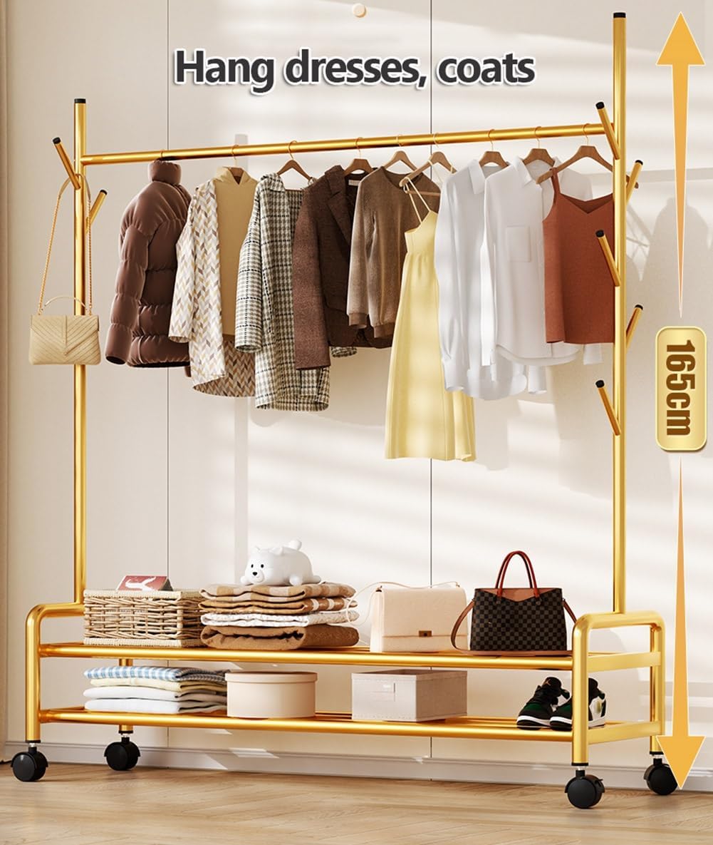 Narrow Clothes Garment Rack with Wheels, Rolling Clothes Organizer with Side Hooks and 2-Tier Storage Shelves, Clothing Rail for Bedroom, Laundry Room, Living Room, Gold