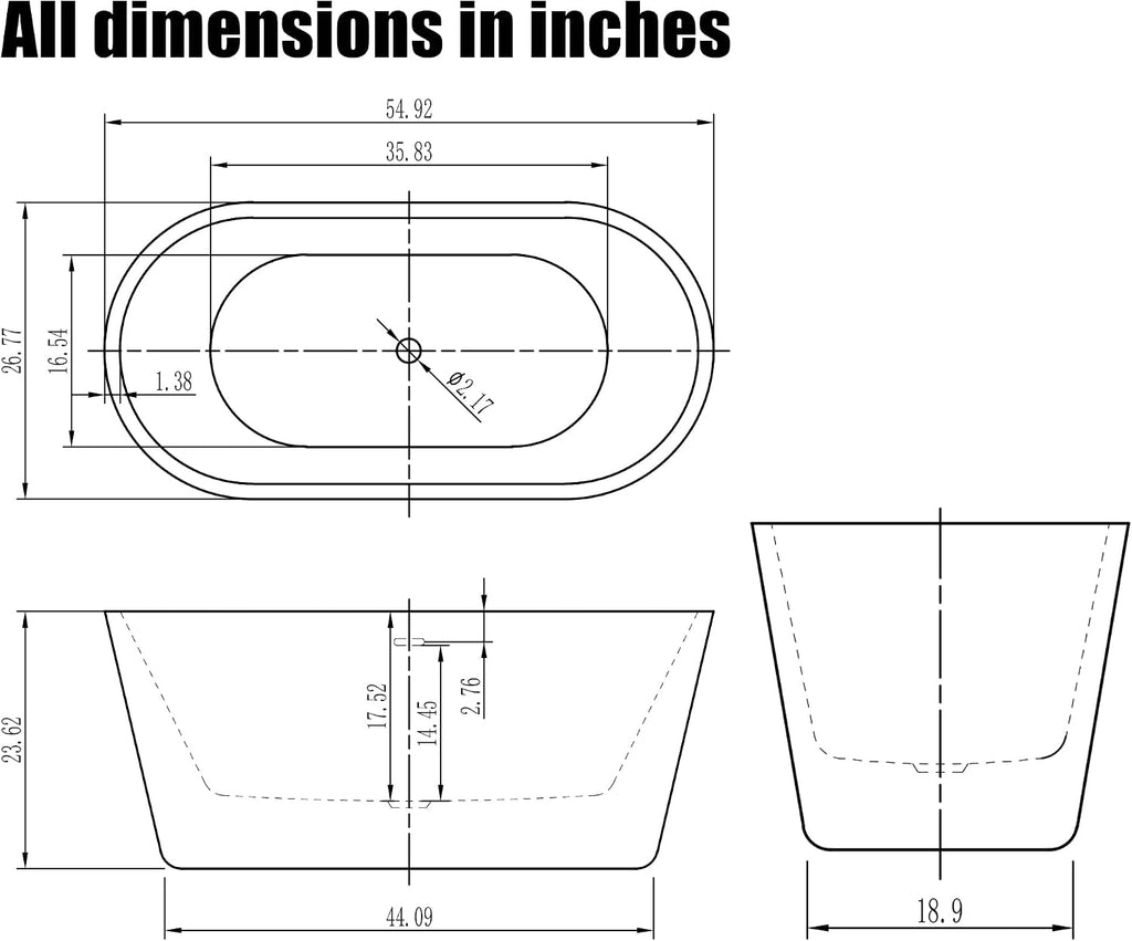 HEATGENE 55 Inches Acrylic Freestanding Bathtub Contemporary Soaking Tub Oval Modern Bathtub Easy to Install UPC Certified Drain & Overflow Assembly Included