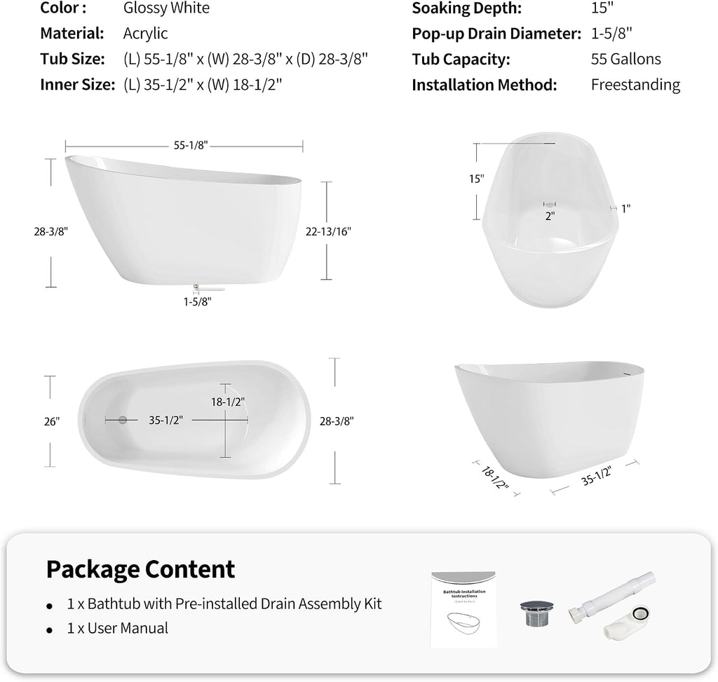 55' Acrylic Freestanding Bathtub, Deep Soaking Bathtub with Pop up Drain Integrated Overflow, Stand Alone Bath Tub for Bathroom Spa or Home Upgrade, Glossy White GF 26A04 55