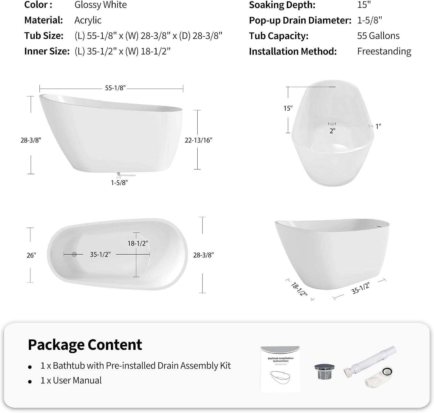55' Acrylic Freestanding Bathtub, Deep Soaking Bathtub with Pop up Drain Integrated Overflow, Stand Alone Bath Tub for Bathroom Spa or Home Upgrade, Glossy White GF 26A04 55