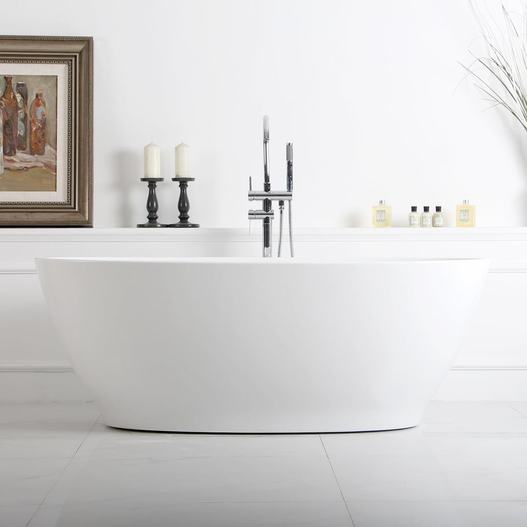 FerdY 65' Acrylic Freestanding Bathtub, Oval Contemporary Soaking Bathtub, Glossy White, cUPC Certified, Toe-Tap Chrome Drain & Overflow Assembly Included