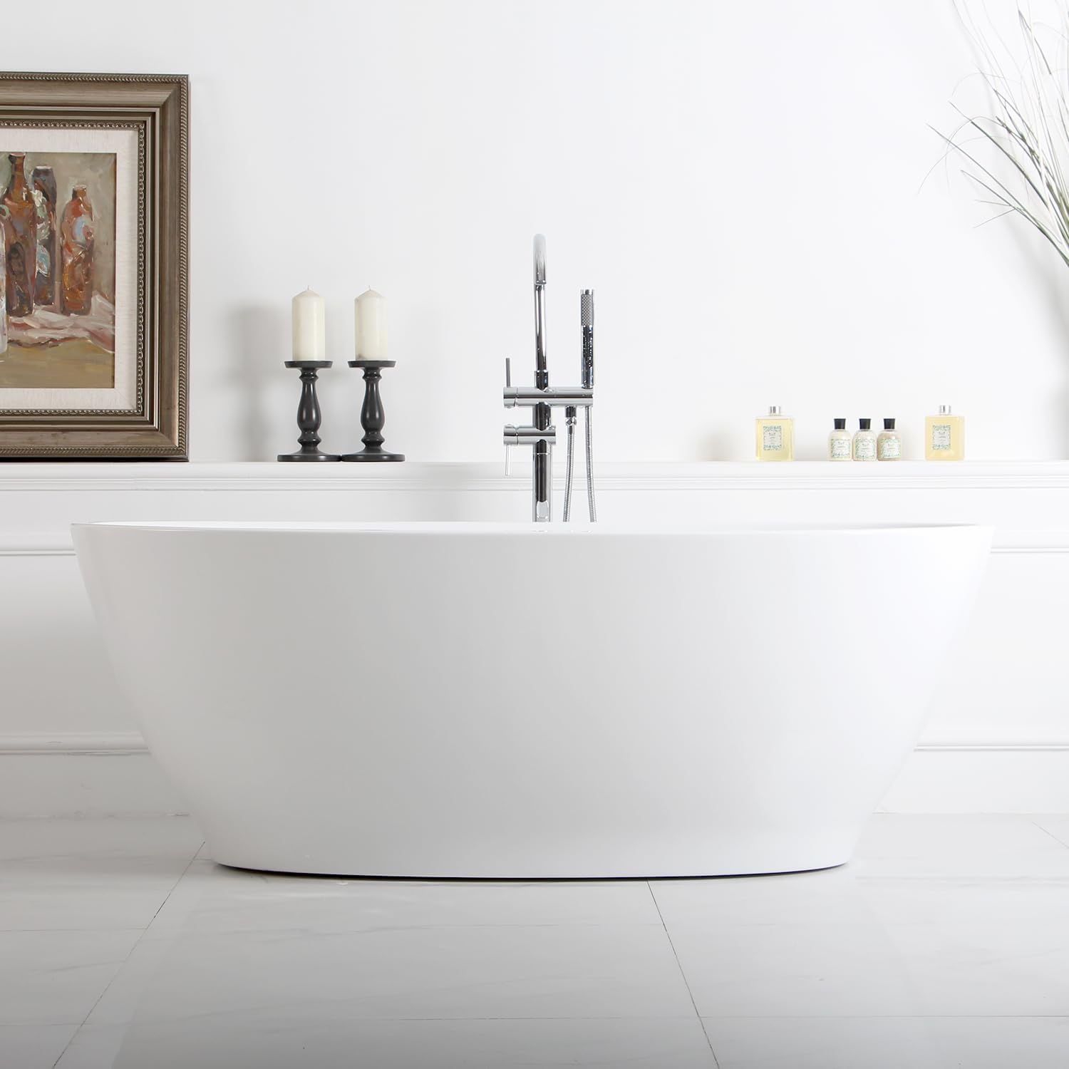FerdY 65' Acrylic Freestanding Bathtub, Oval Contemporary Soaking Bathtub, Glossy White, cUPC Certified, Toe-Tap Chrome Drain & Overflow Assembly Included