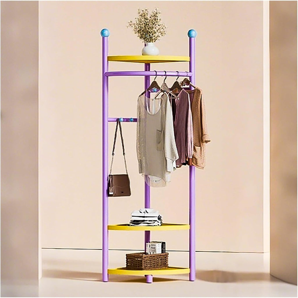 Corner Coat Rack, Corner Hall Tree with 3 Tier Shelves, Metal Clothes Rack, Freestanding Garment Racks for Bedroom, Living Room, Entryway(Purple)
