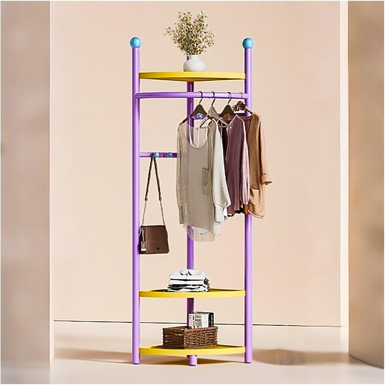 Corner Coat Rack, Corner Hall Tree with 3 Tier Shelves, Metal Clothes Rack, Freestanding Garment Racks for Bedroom, Living Room, Entryway(Purple)